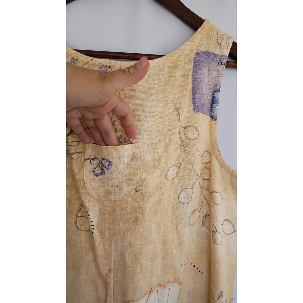 Sweet Jessie Yellow 100% Linen Botanical Print Sleeveless Shift Dress Lavender M - Picture 8 of 8